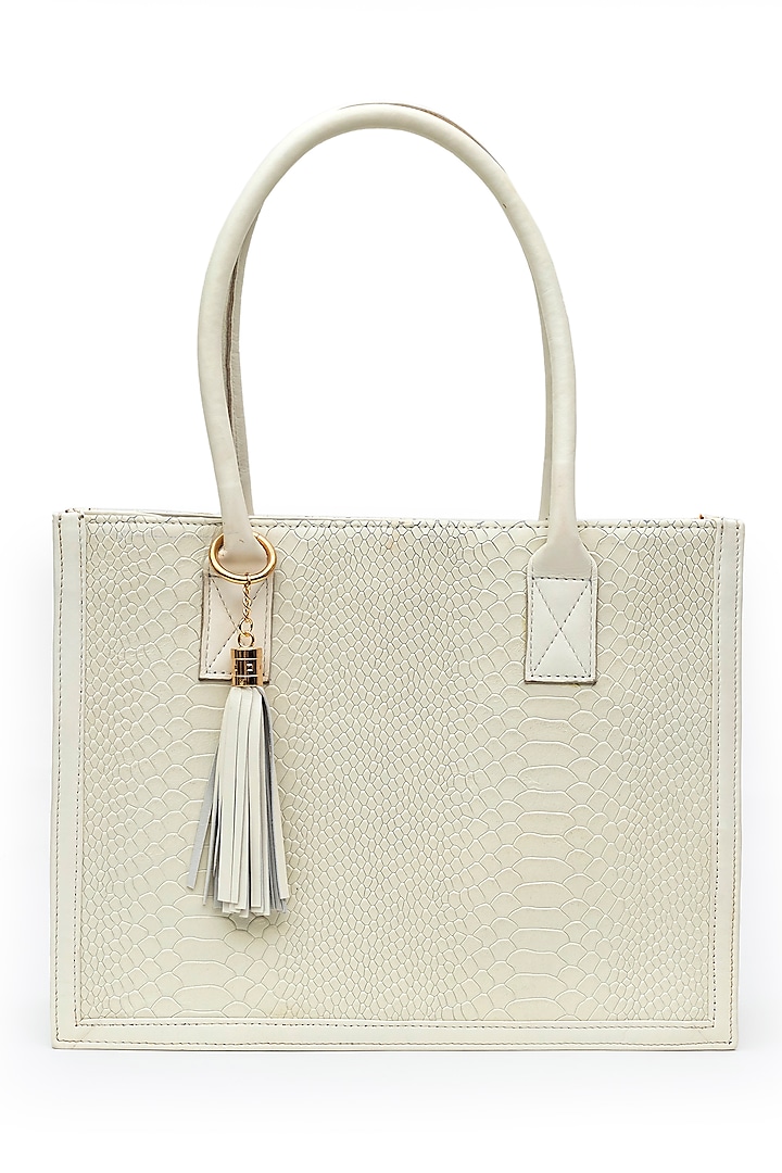 Ivory Textured Leather Tote Bag by SG BY SONIA GULRAJANI