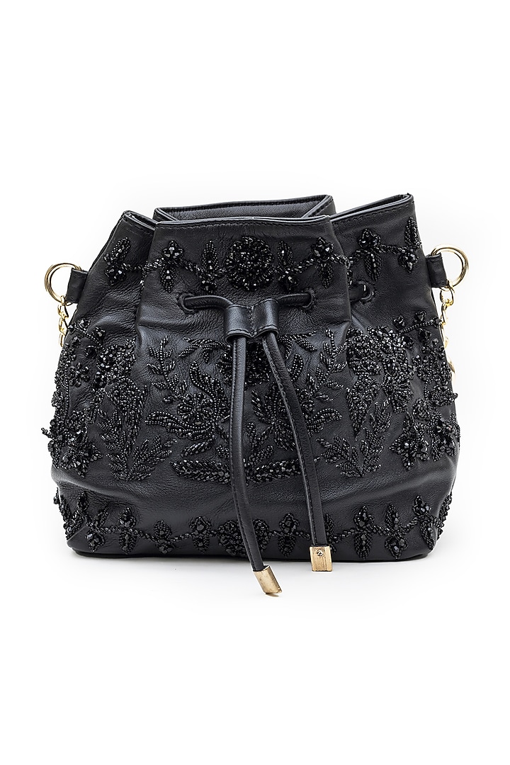 Black Genuine Leather Embroidered Bucket Bag by SG BY SONIA GULRAJANI