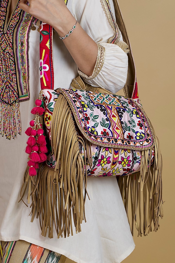 Multi- Colored Genuine Leather Embroidered Messenger Bag by SG BY SONIA GULRAJANI