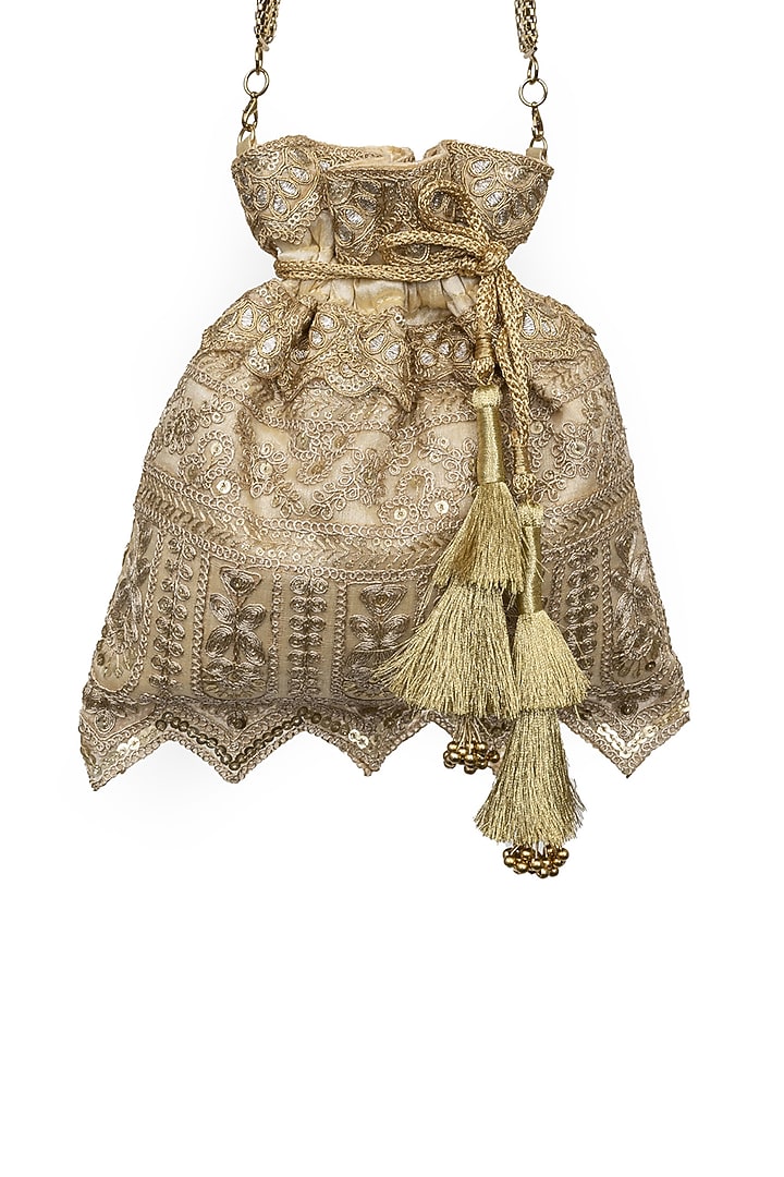 Gold Raw Silk Embroidered Handcrafted Potli by SG BY SONIA GULRAJANI at Pernia's Pop Up Shop