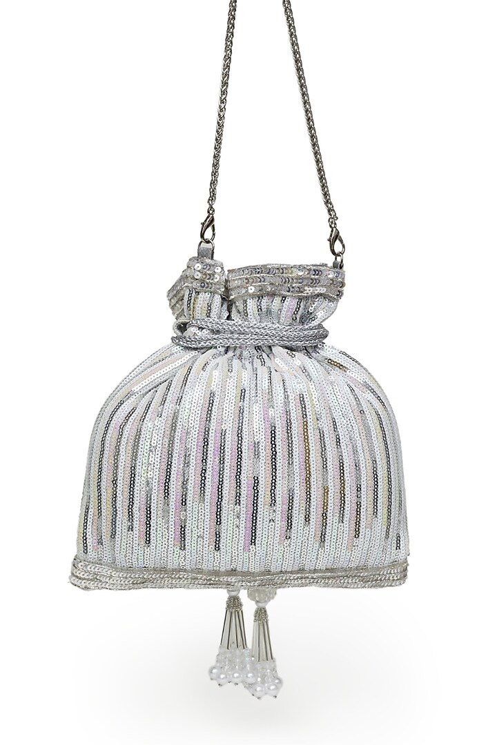 Silver Raw Silk Sequins Embroidered Potli by SG BY SONIA GULRAJANI at Pernia's Pop Up Shop
