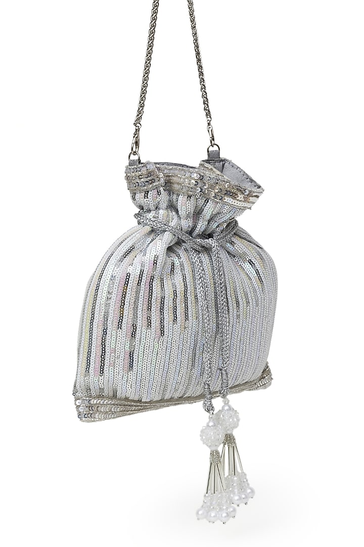 Silver Raw Silk Sequins Embroidered Potli by SG BY SONIA GULRAJANI at Pernia's Pop Up Shop