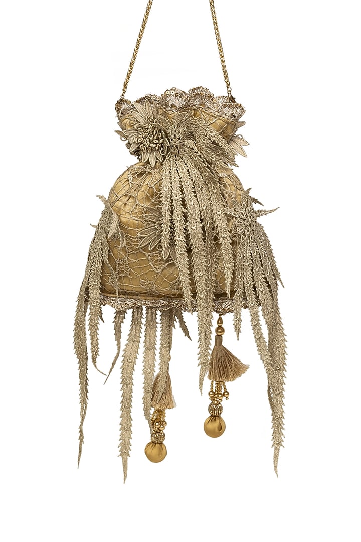 Gold Raw Silk Sequins Embroidered Potli by SG BY SONIA GULRAJANI at Pernia's Pop Up Shop
