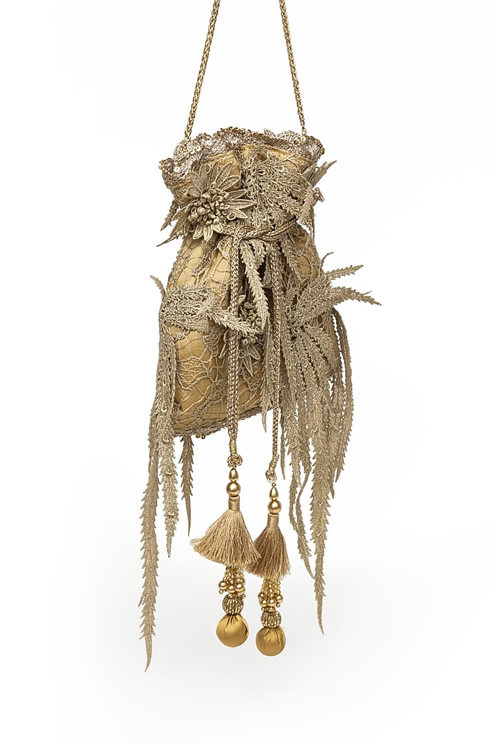 Gold Raw Silk Sequins Embroidered Potli by SG BY SONIA GULRAJANI at Pernia's Pop Up Shop