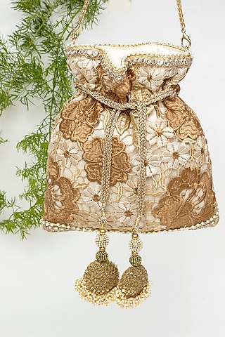 Beige Raw Silk Thread Embroidered Potli by SG BY SONIA GULRAJANI