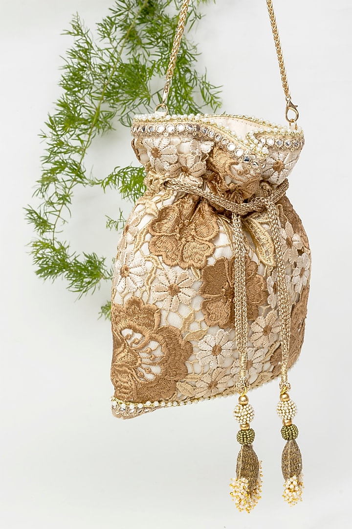 Beige Raw Silk Thread Embroidered Potli by SG BY SONIA GULRAJANI at Pernia's Pop Up Shop