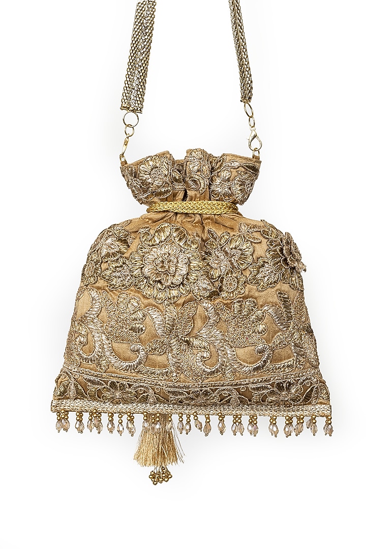 Gold Raw Silk Zari & Beads Embroidered Potli by SG BY SONIA GULRAJANI at Pernia's Pop Up Shop