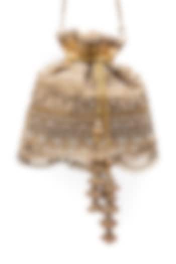 Gold Raw Silk Pearl & Mirror Embellished Potli by SG BY SONIA GULRAJANI at Pernia's Pop Up Shop