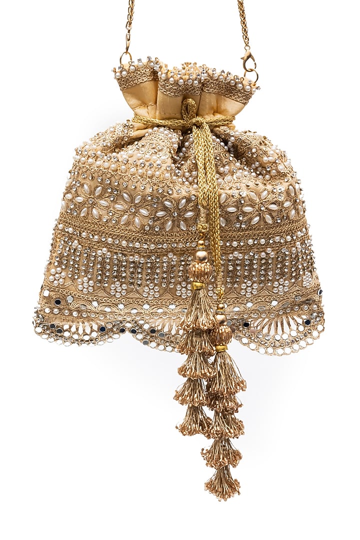 Gold Raw Silk Pearl & Mirror Embellished Potli by SG BY SONIA GULRAJANI at Pernia's Pop Up Shop