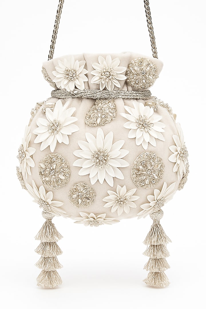 Ivory Velvet Sequins Floral Work Potli by SG BY SONIA GULRAJANI at Pernia's Pop Up Shop