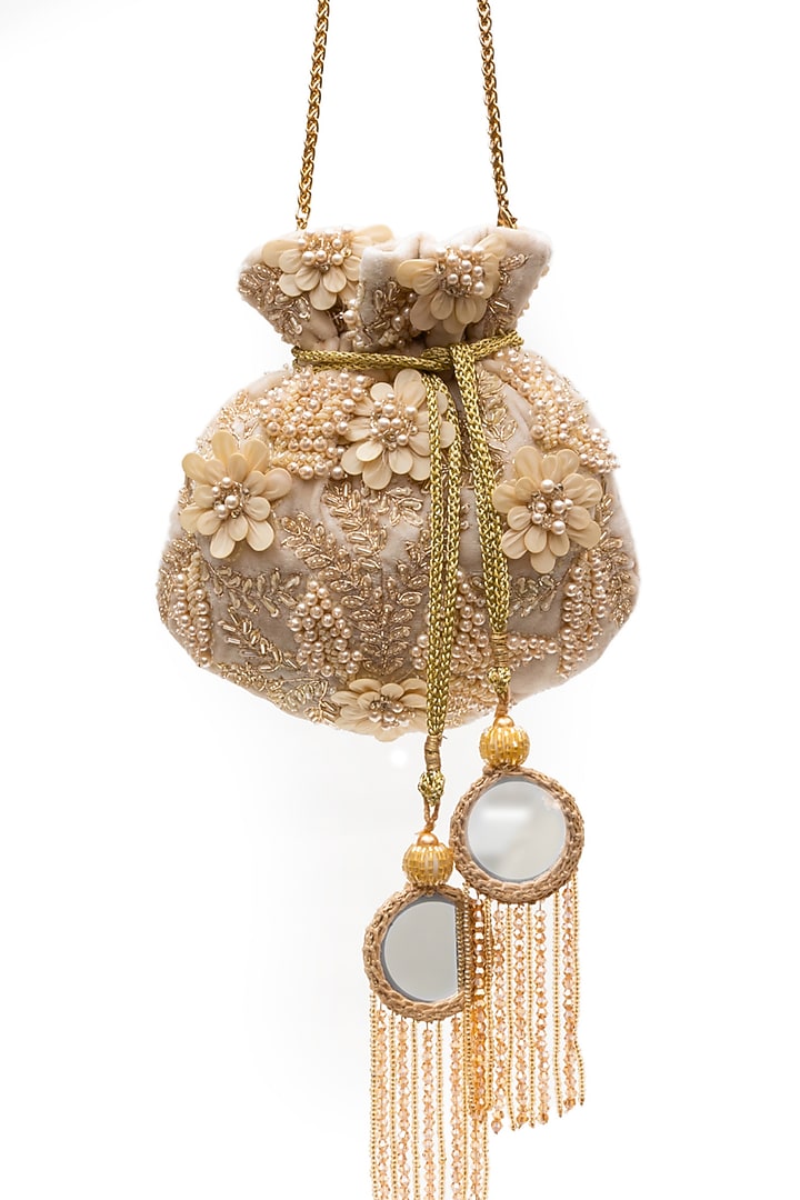 Light Cream Velvet Sequins Floral Work Potli by SG BY SONIA GULRAJANI at Pernia's Pop Up Shop