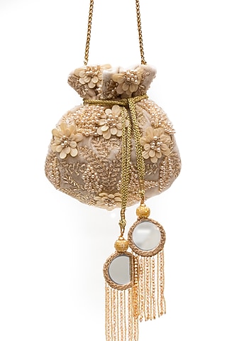 Light Cream Velvet Sequins Floral Work Potli by SG BY SONIA GULRAJANI