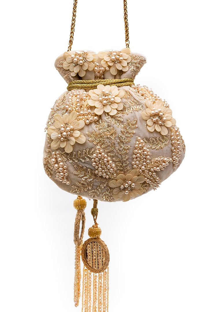 Light Cream Velvet Sequins Floral Work Potli by SG BY SONIA GULRAJANI at Pernia's Pop Up Shop