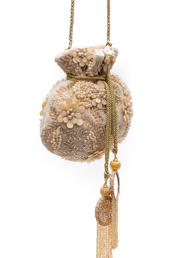 Light Cream Velvet Sequins Floral Work Potli by SG BY SONIA GULRAJANI at Pernia's Pop Up Shop