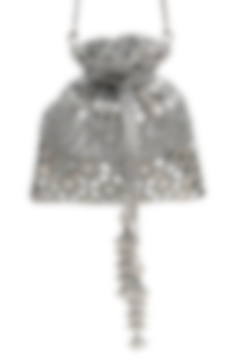 Silver Grey Raw Silk Mirror Work Potli by SG BY SONIA GULRAJANI at Pernia's Pop Up Shop