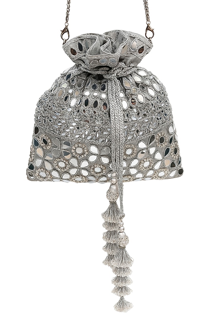Silver Grey Raw Silk Mirror Work Potli by SG BY SONIA GULRAJANI at Pernia's Pop Up Shop