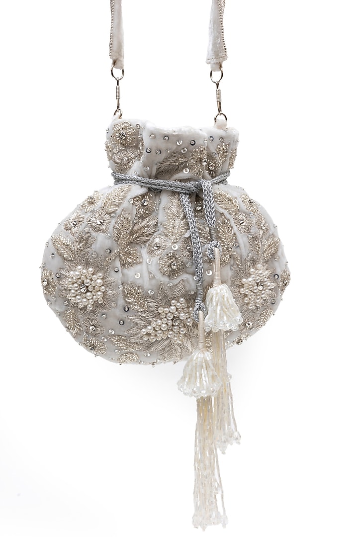 White Velvet Pearl & Sequins Work Potli by SG BY SONIA GULRAJANI at Pernia's Pop Up Shop
