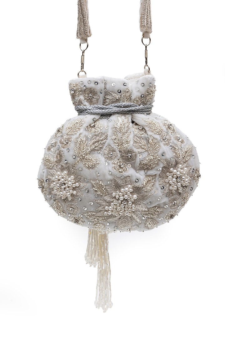 White Velvet Pearl & Sequins Work Potli by SG BY SONIA GULRAJANI at Pernia's Pop Up Shop