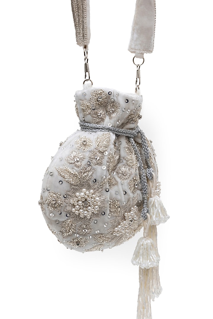 White Velvet Pearl & Sequins Work Potli by SG BY SONIA GULRAJANI at Pernia's Pop Up Shop