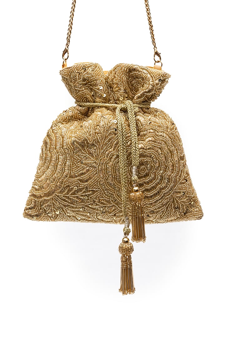 Gold Raw Silk Zari Work Potli by SG BY SONIA GULRAJANI at Pernia's Pop Up Shop