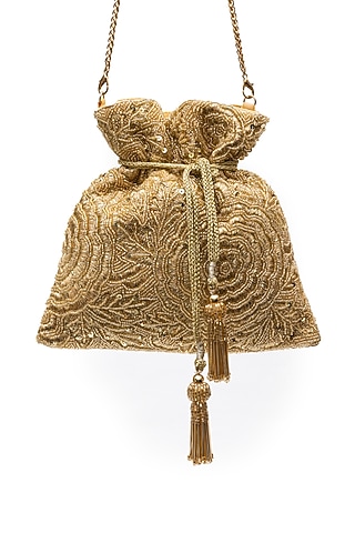 Gold Raw Silk Zari Work Potli by SG BY SONIA GULRAJANI