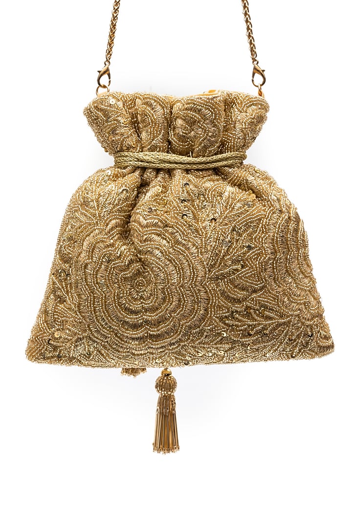 Gold Raw Silk Zari Work Potli by SG BY SONIA GULRAJANI at Pernia's Pop Up Shop