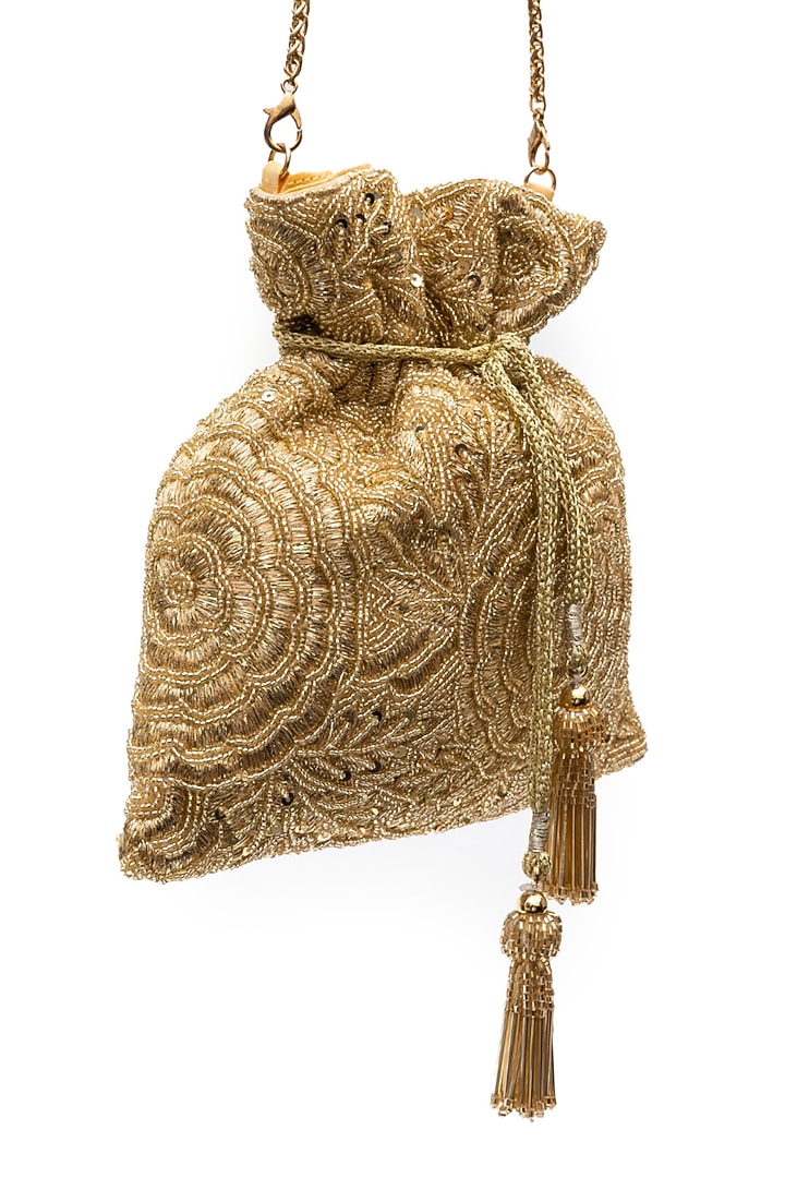 Gold Raw Silk Zari Work Potli by SG BY SONIA GULRAJANI at Pernia's Pop Up Shop