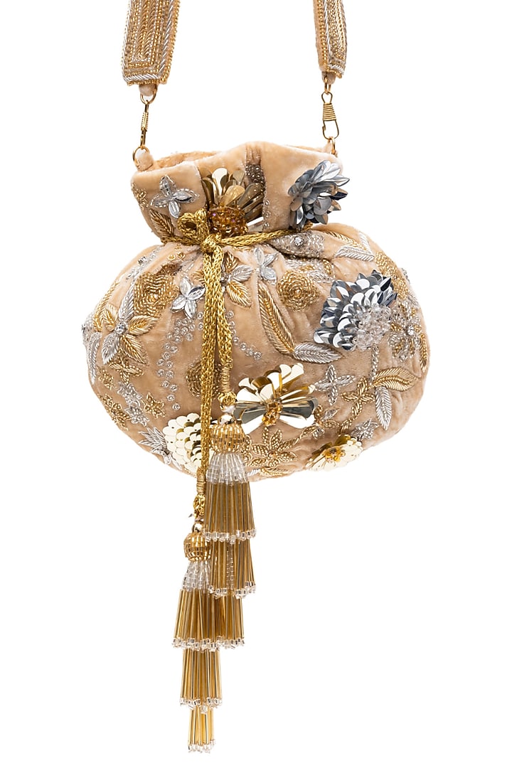 Beige Velvet Sequins Embellished Potli by SG BY SONIA GULRAJANI at Pernia's Pop Up Shop