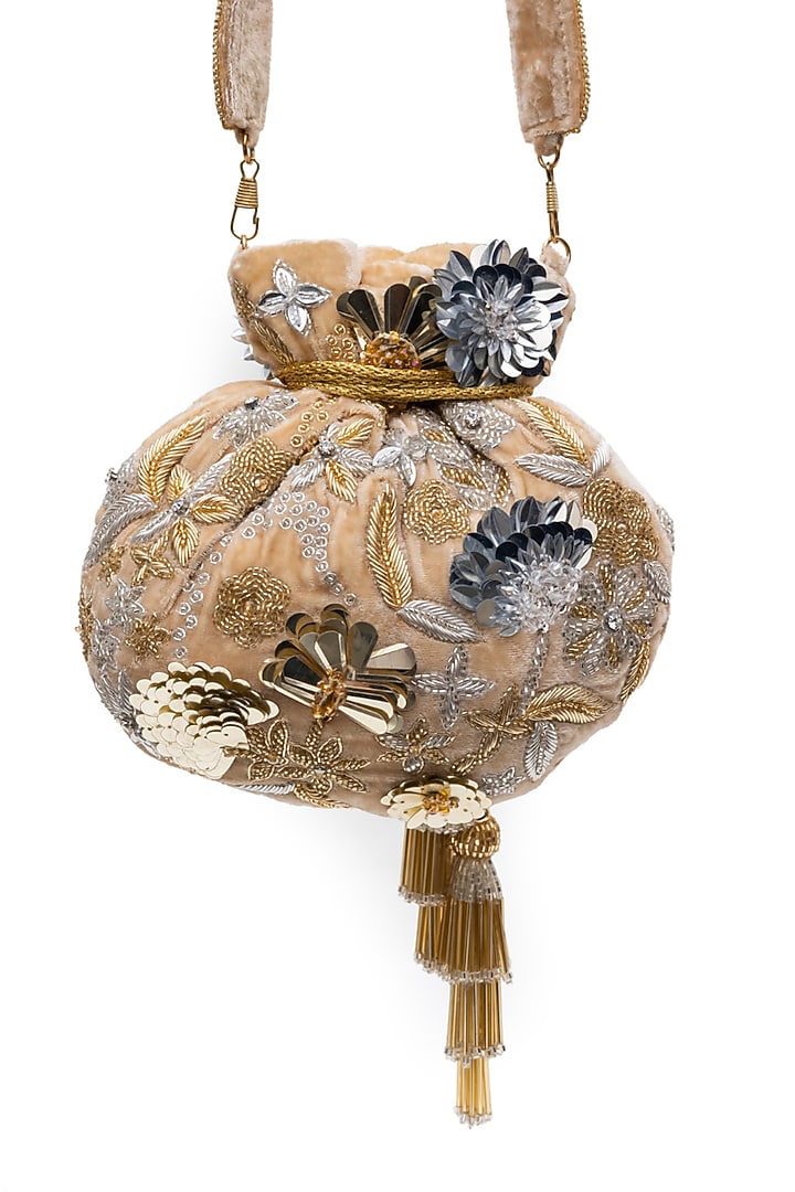 Beige Velvet Sequins Embellished Potli by SG BY SONIA GULRAJANI at Pernia's Pop Up Shop