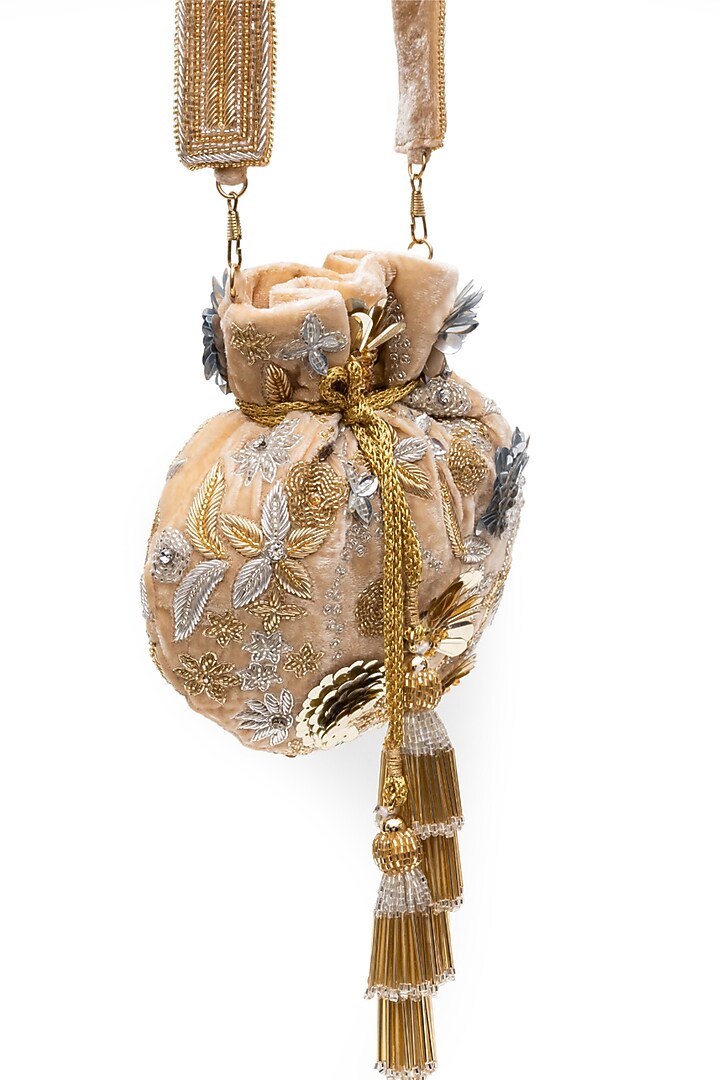 Beige Velvet Sequins Embellished Potli by SG BY SONIA GULRAJANI at Pernia's Pop Up Shop