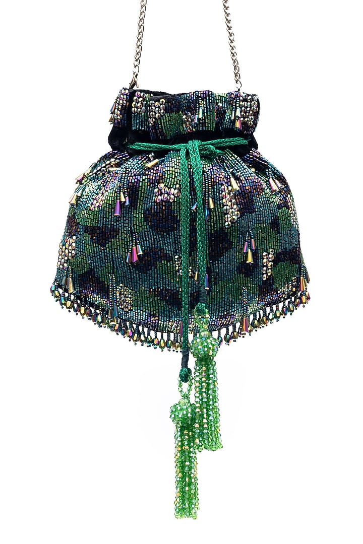 Green & Purple Velvet Sequins Embellished Potli by SG BY SONIA GULRAJANI at Pernia's Pop Up Shop