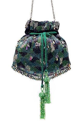 Green & Purple Velvet Sequins Embellished Potli by SG BY SONIA GULRAJANI