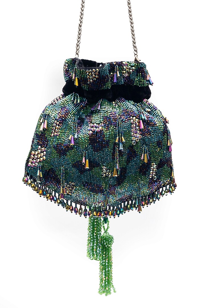Green & Purple Velvet Sequins Embellished Potli by SG BY SONIA GULRAJANI at Pernia's Pop Up Shop