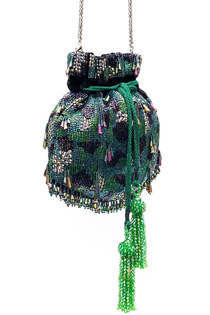 Green & Purple Velvet Sequins Embellished Potli by SG BY SONIA GULRAJANI at Pernia's Pop Up Shop