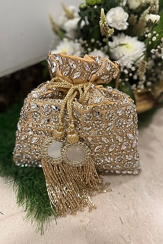 Beige Raw Silk Zari Embellished Potli by SG BY SONIA GULRAJANI