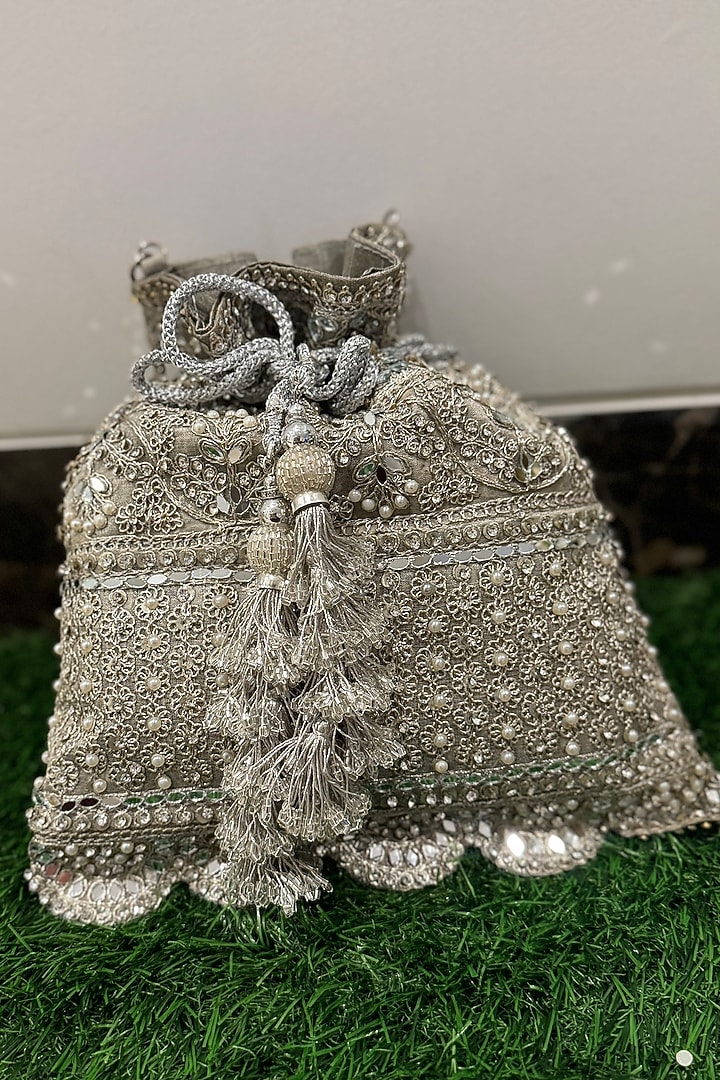 Silver Raw Silk Beadwork Potli by SG BY SONIA GULRAJANI at Pernia's Pop Up Shop