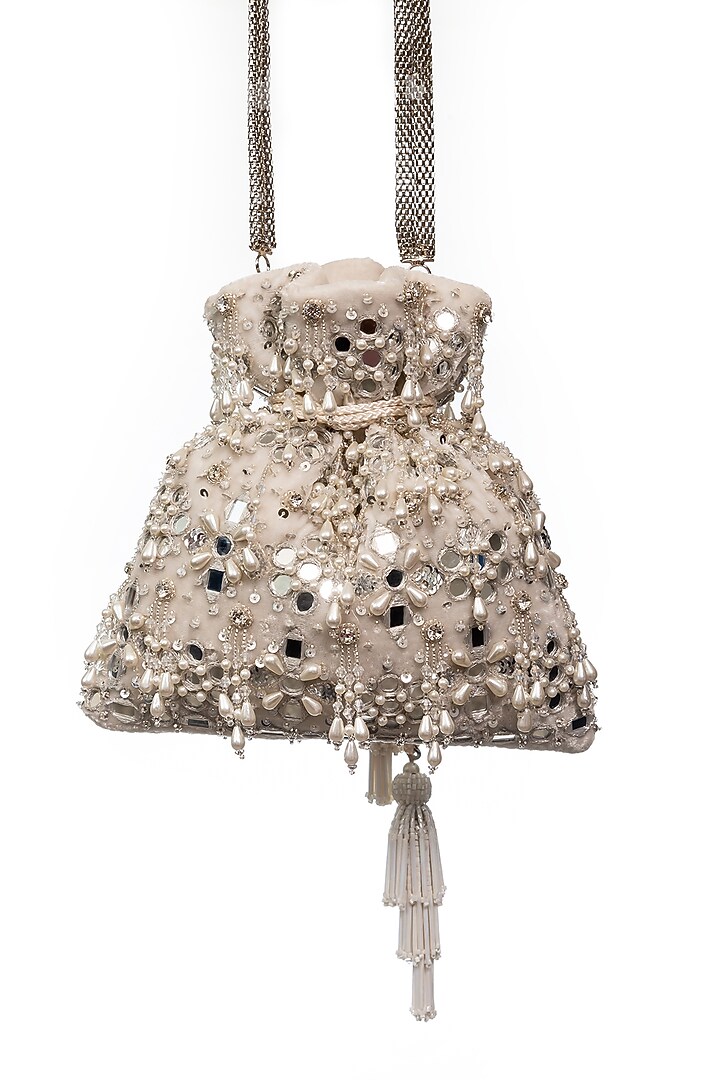 Ivory Mirror Embroidered Handcrafted Potli by SG BY SONIA GULRAJANI at Pernia's Pop Up Shop
