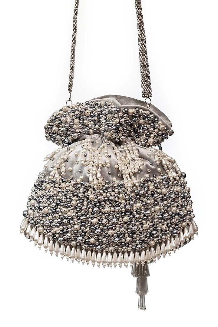 Grey Pearl Embroidered Handcrafted Potli by SG BY SONIA GULRAJANI at Pernia's Pop Up Shop