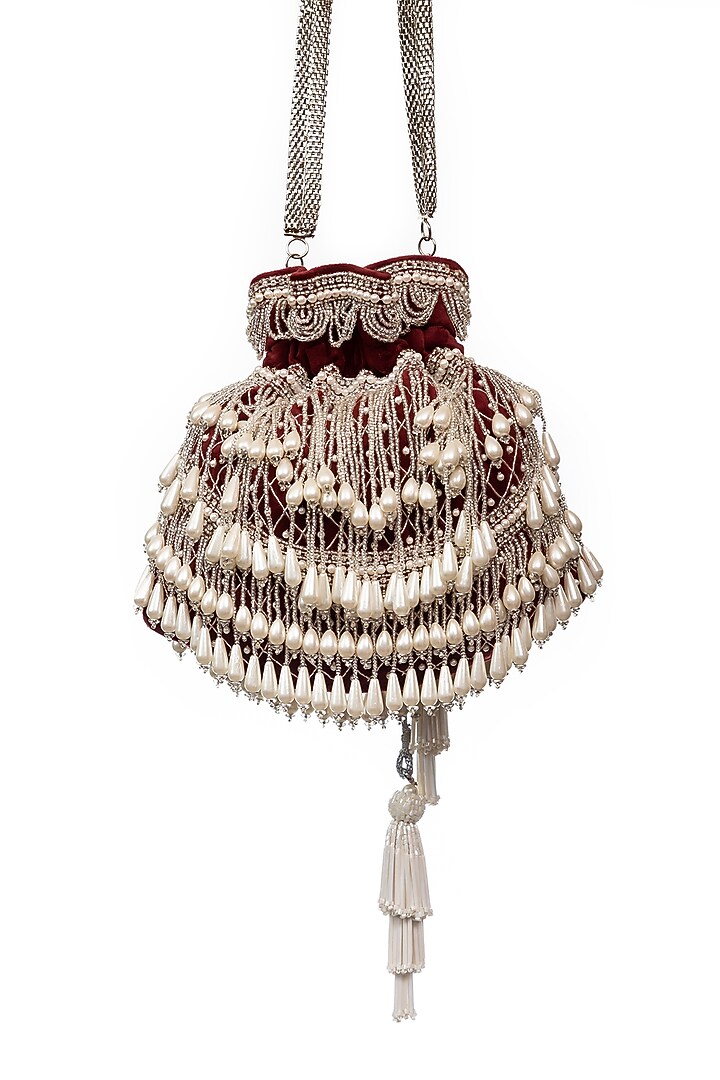 Crimson Red Pearl Embroidered Potli by SG BY SONIA GULRAJANI at Pernia's Pop Up Shop