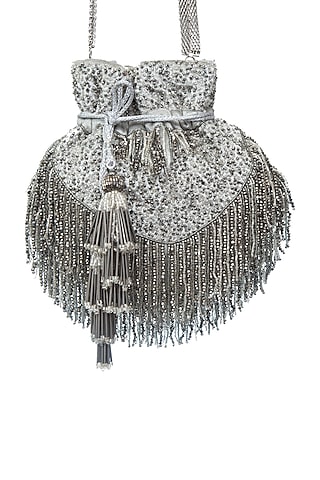 Grey & Silver Hand Embroidered Potli by SG BY SONIA GULRAJANI