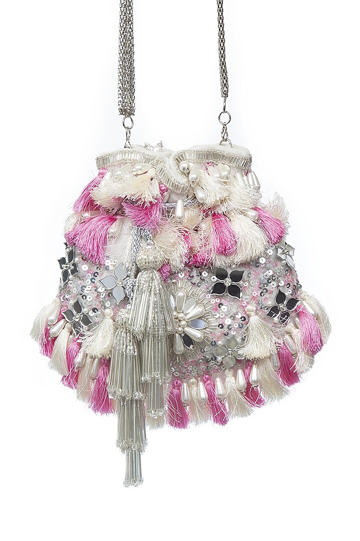 White Handcrafted Potli With Fringes by SG BY SONIA GULRAJANI at Pernia's Pop Up Shop