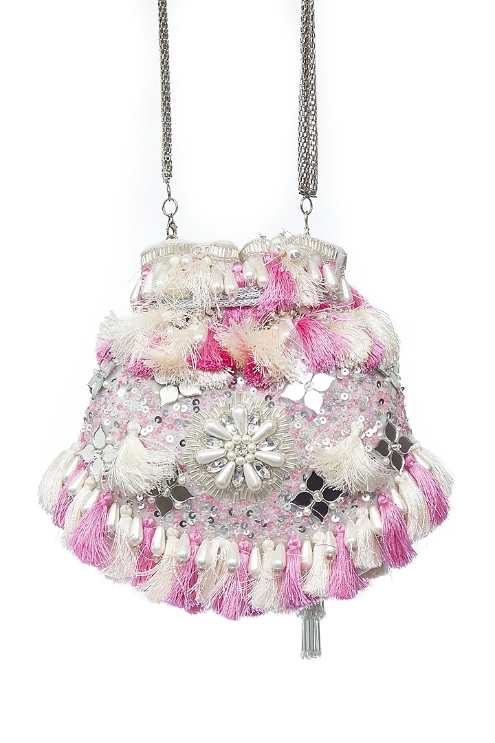 White Handcrafted Potli With Fringes by SG BY SONIA GULRAJANI at Pernia's Pop Up Shop