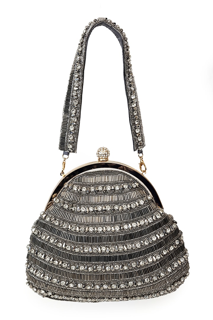 Gunmetal Beads & Crystals Clutch Bag by SG BY SONIA GULRAJANI