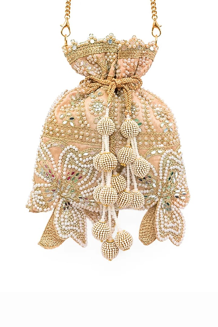 Light Gold Raw Silk Pearl Embellished Potli Bag by SG BY SONIA GULRAJANI at Pernia's Pop Up Shop