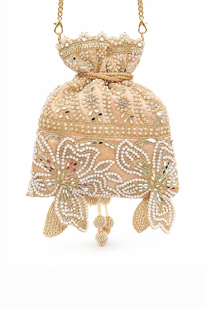 Light Gold Raw Silk Pearl Embellished Potli Bag by SG BY SONIA GULRAJANI at Pernia's Pop Up Shop