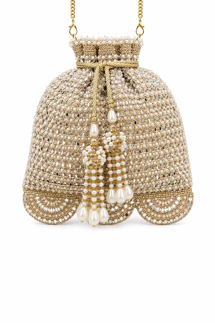 Gold Raw Silk Mirror Hand Embellished Potli Bag by SG BY SONIA GULRAJANI at Pernia's Pop Up Shop