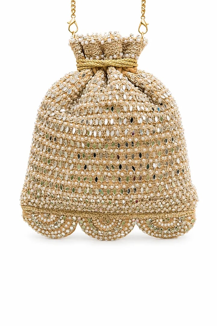 Gold Raw Silk Mirror Hand Embellished Potli Bag by SG BY SONIA GULRAJANI at Pernia's Pop Up Shop