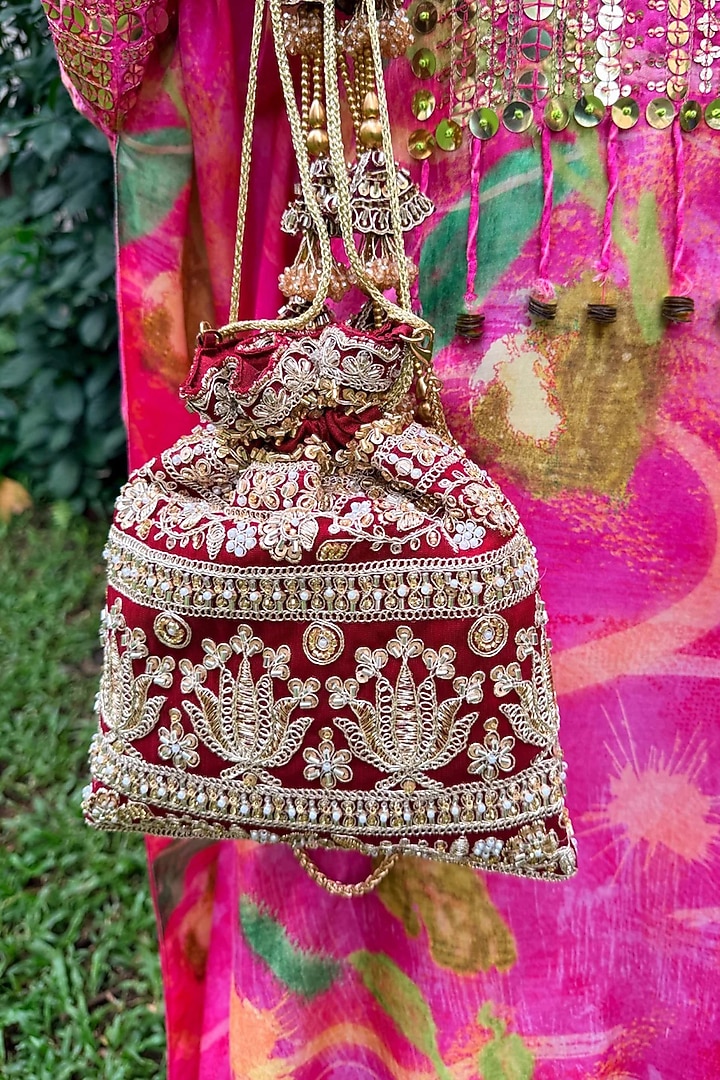 Ruby Red Raw Silk Zardosi Embellished Potli Bag by SG BY SONIA GULRAJANI at Pernia's Pop Up Shop
