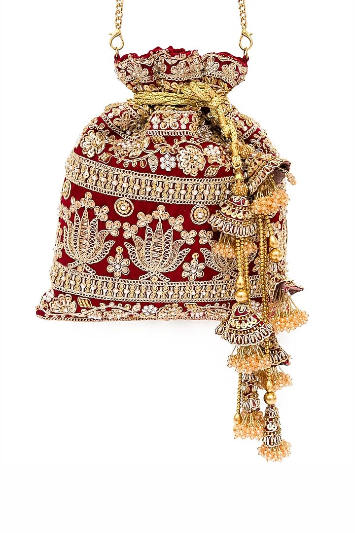 Ruby Red Raw Silk Zardosi Embellished Potli Bag by SG BY SONIA GULRAJANI at Pernia's Pop Up Shop