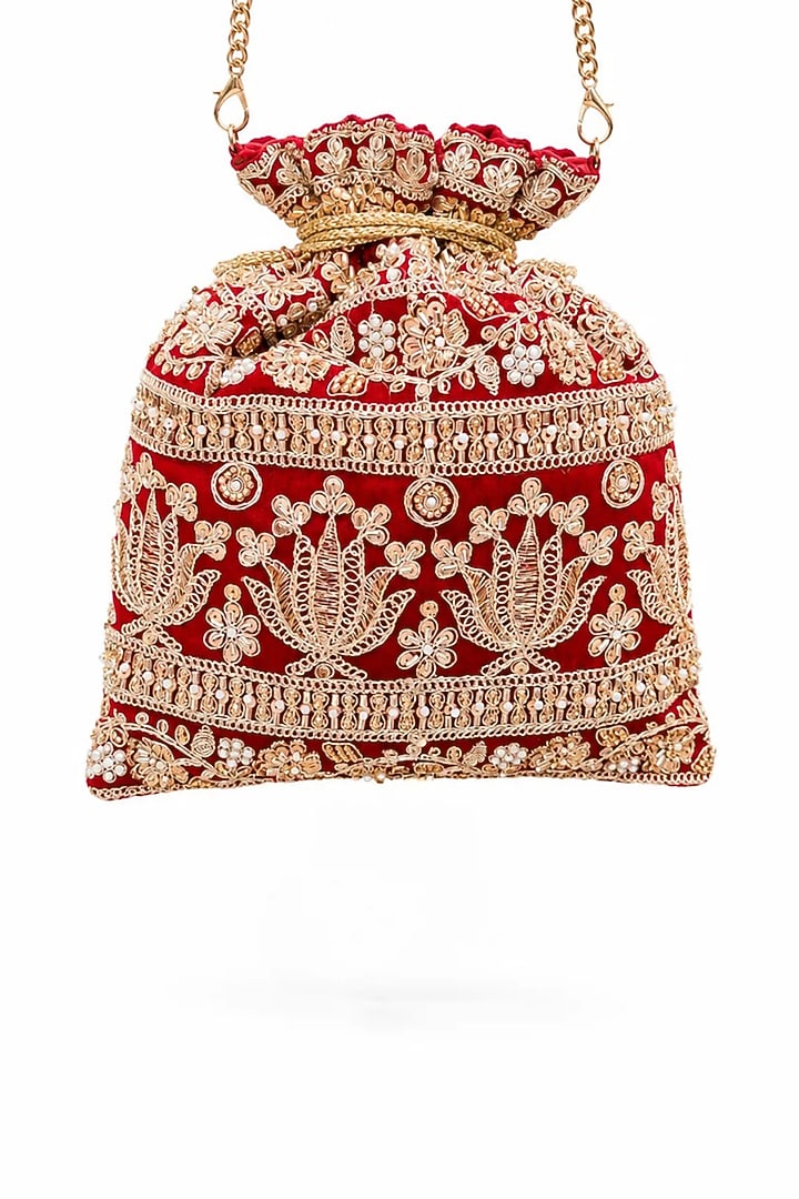 Ruby Red Raw Silk Zardosi Embellished Potli Bag by SG BY SONIA GULRAJANI at Pernia's Pop Up Shop